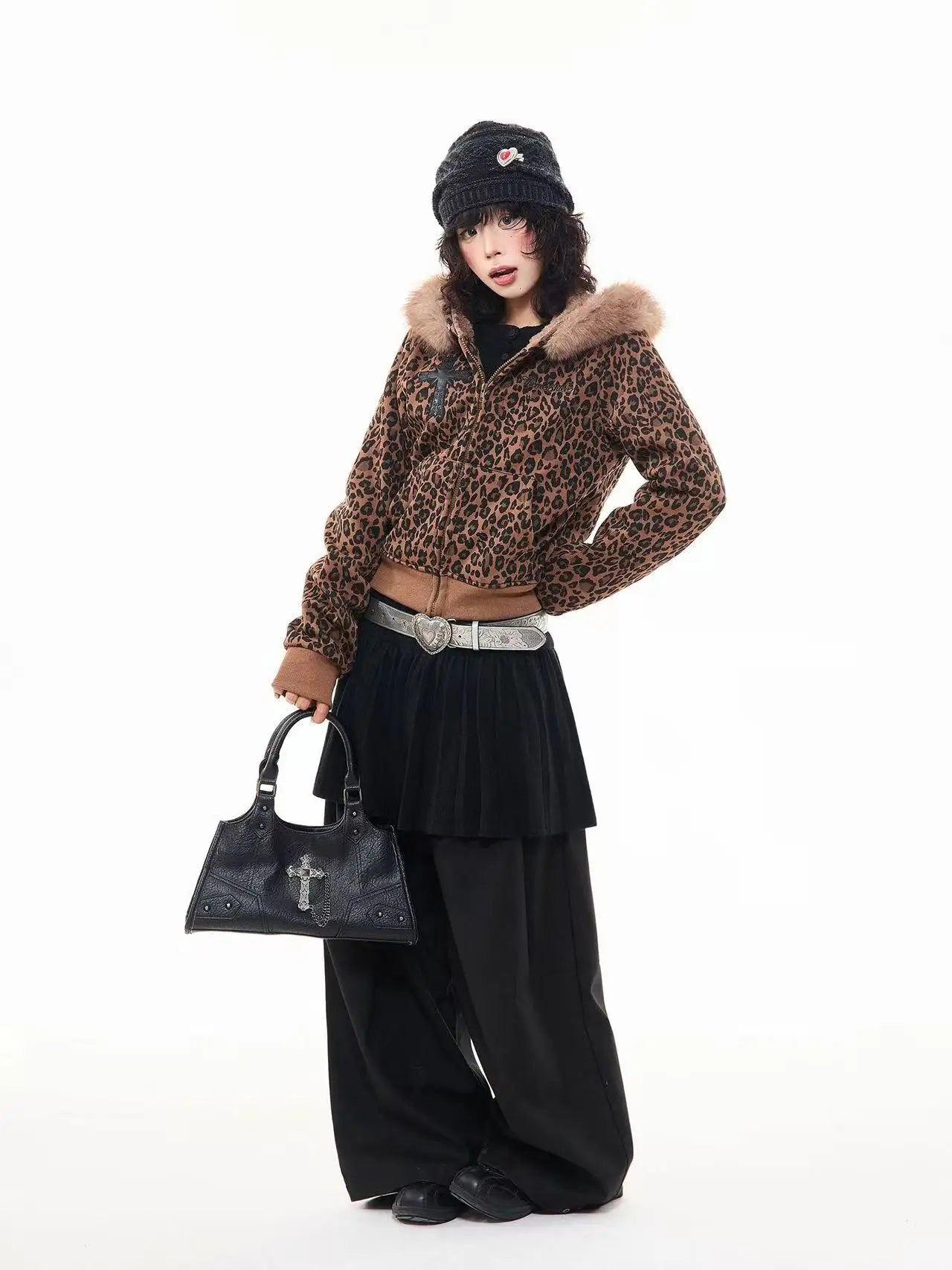 Leopard Print Faux Fur Hood Zip Cardigan   OL2034
