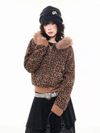 Leopard Print Faux Fur Hood Zip Cardigan   OL2034