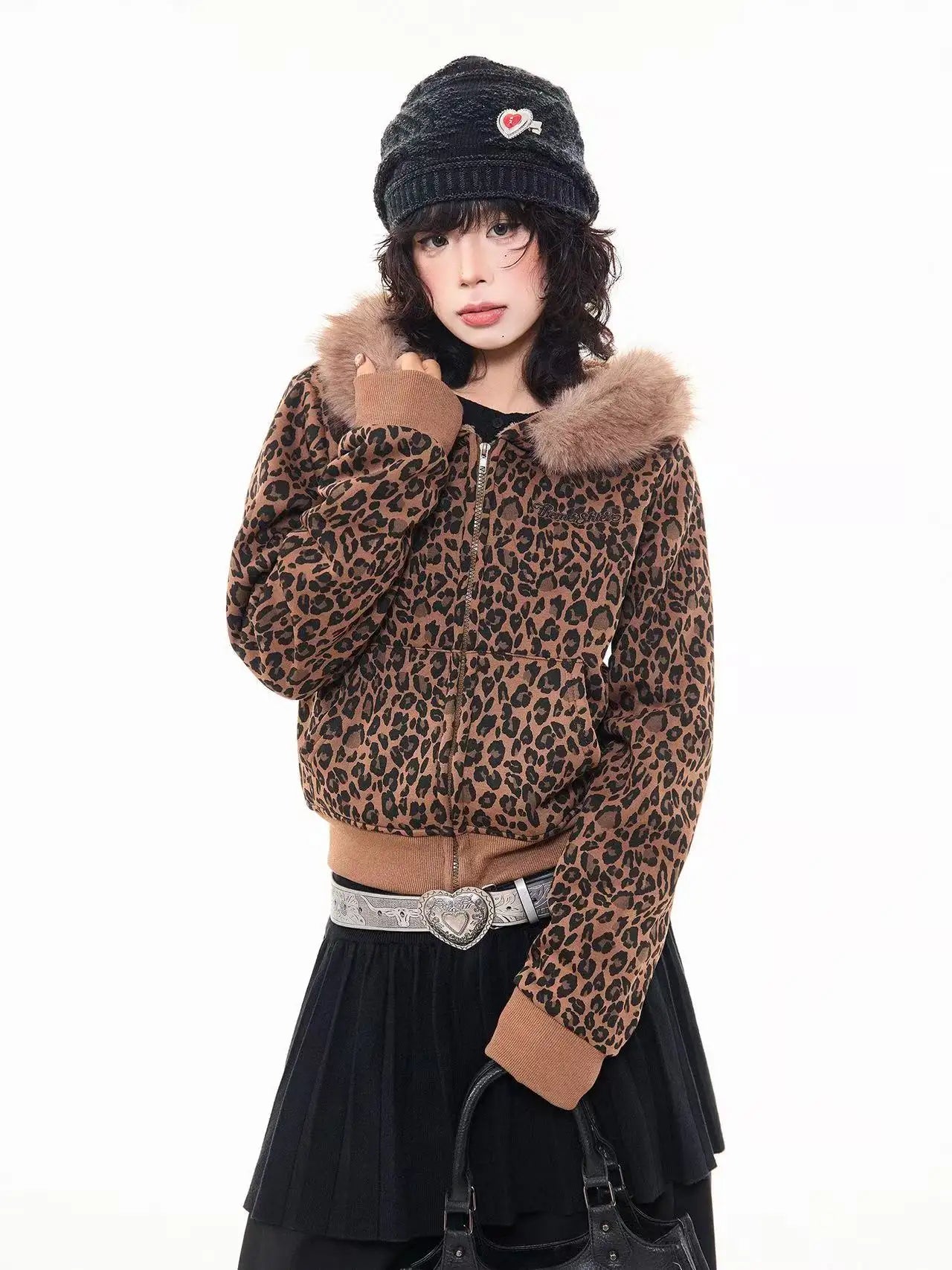 Leopard Print Faux Fur Hood Zip Cardigan   OL2034