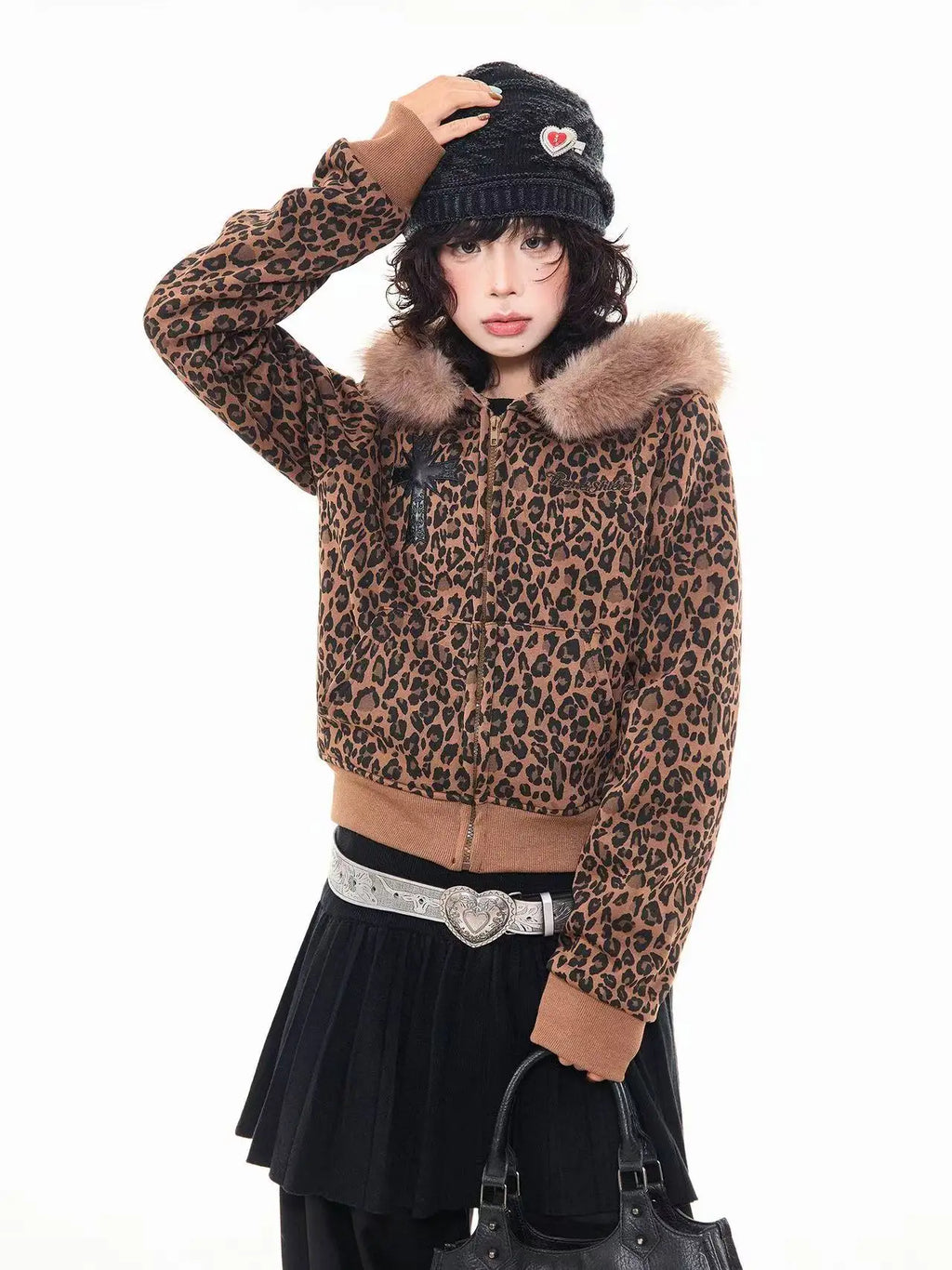 Leopard Print Faux Fur Hood Zip Cardigan   OL2034