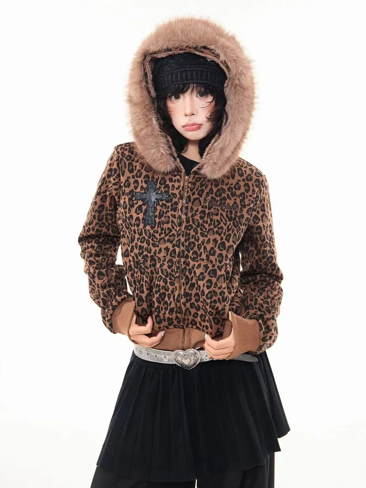 Leopard Print Faux Fur Hood Zip Cardigan   OL2034