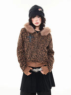 Leopard Print Faux Fur Hood Zip Cardigan   OL2034
