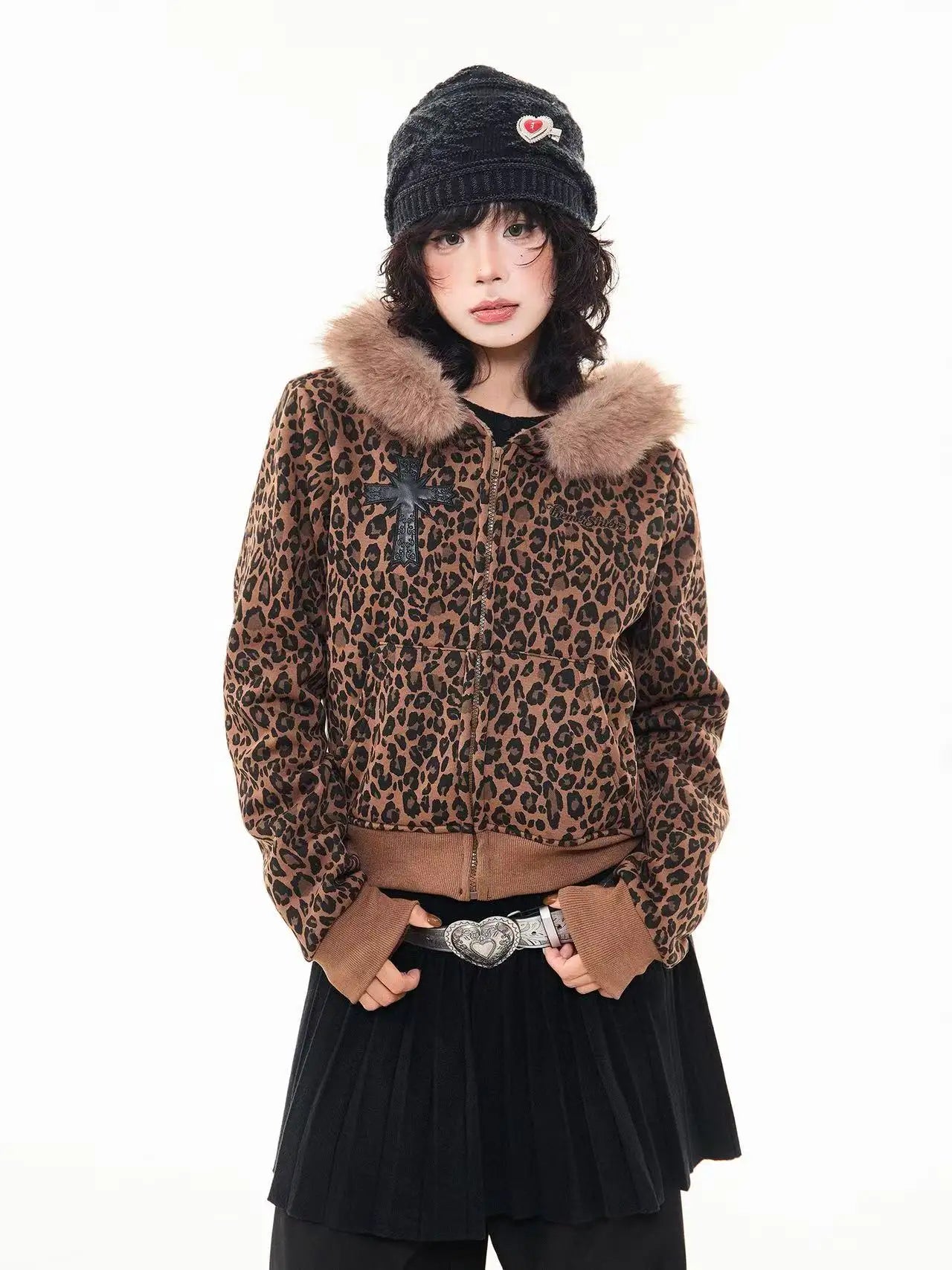 Leopard Print Faux Fur Hood Zip Cardigan   OL2034