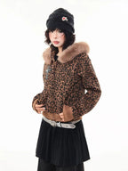 Leopard Print Faux Fur Hood Zip Cardigan   OL2034