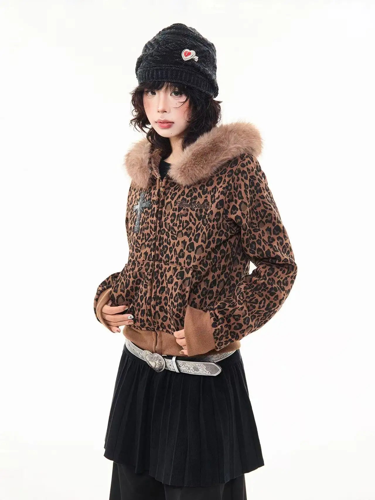 Leopard Print Faux Fur Hood Zip Cardigan   OL2034