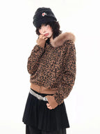 Leopard Print Faux Fur Hood Zip Cardigan   OL2034