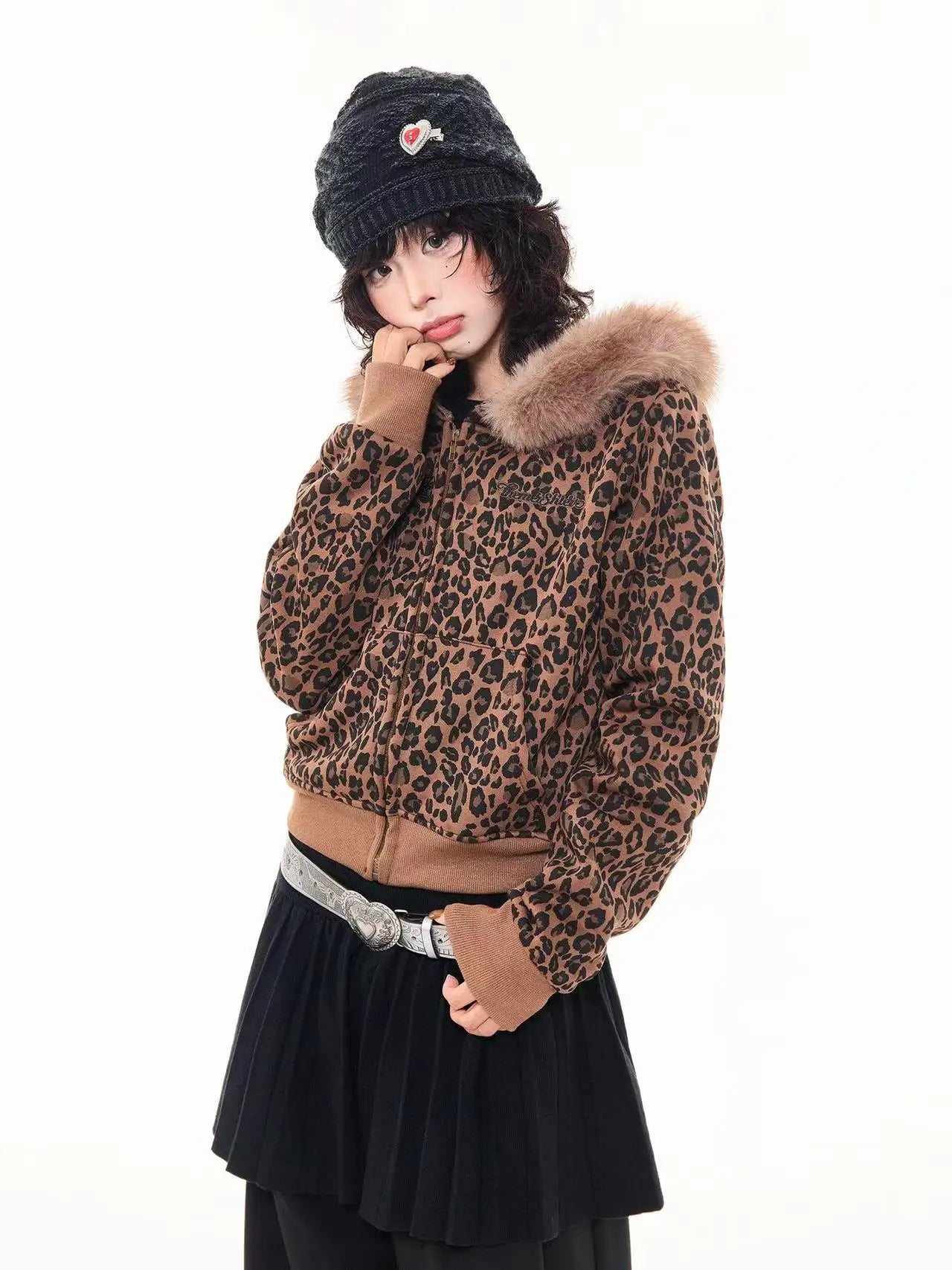 Leopard Print Faux Fur Hood Zip Cardigan   OL2034