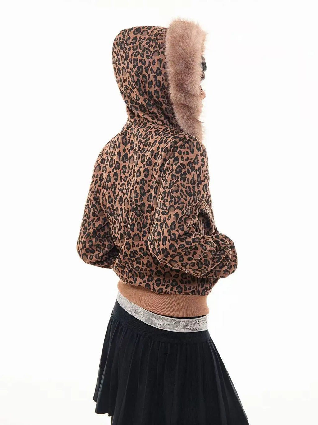 Leopard Print Faux Fur Hood Zip Cardigan   OL2034