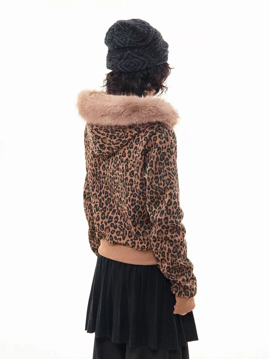 Leopard Print Faux Fur Hood Zip Cardigan   OL2034