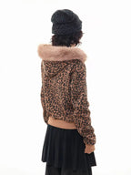 Leopard Print Faux Fur Hood Zip Cardigan   OL2034