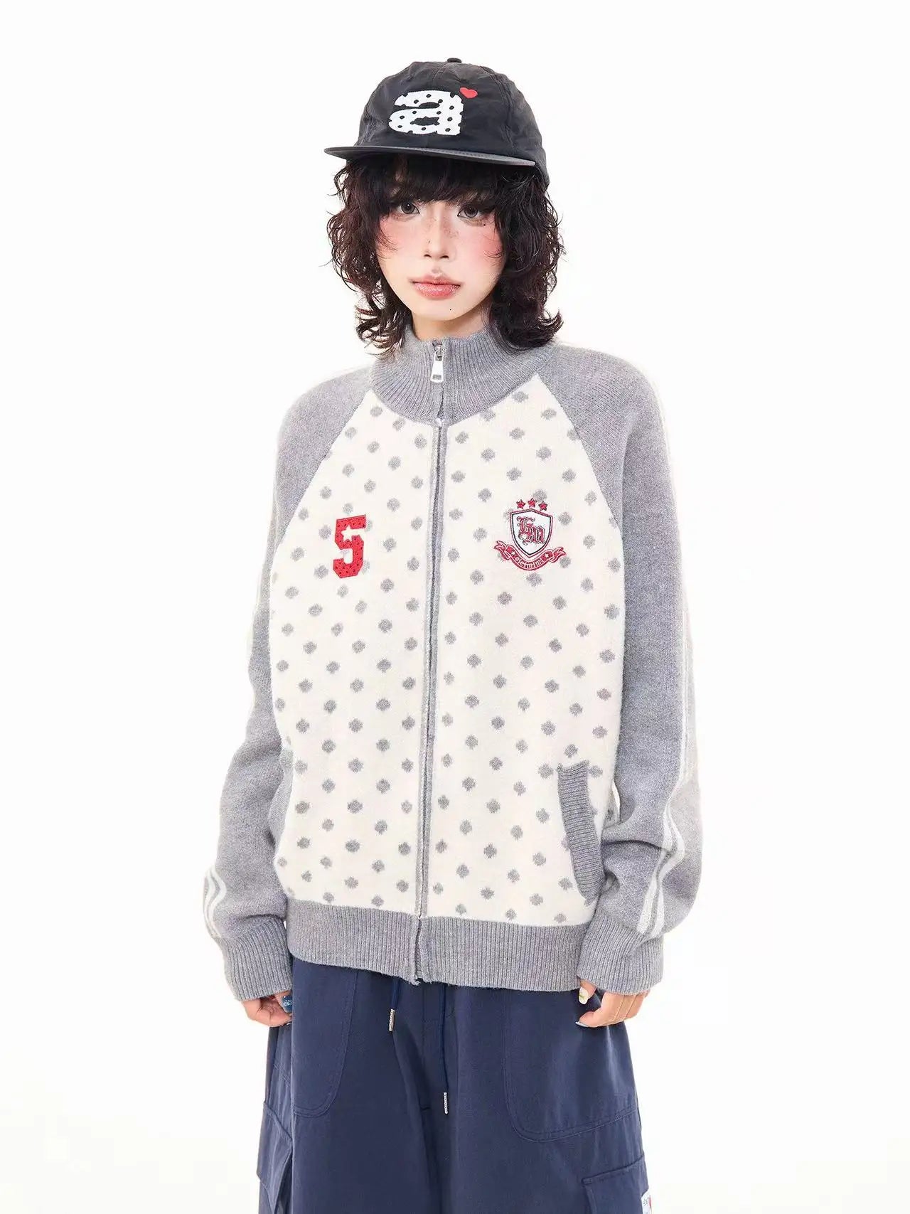 Polka Dot Appliqué Raglan Cardigan   OL2038