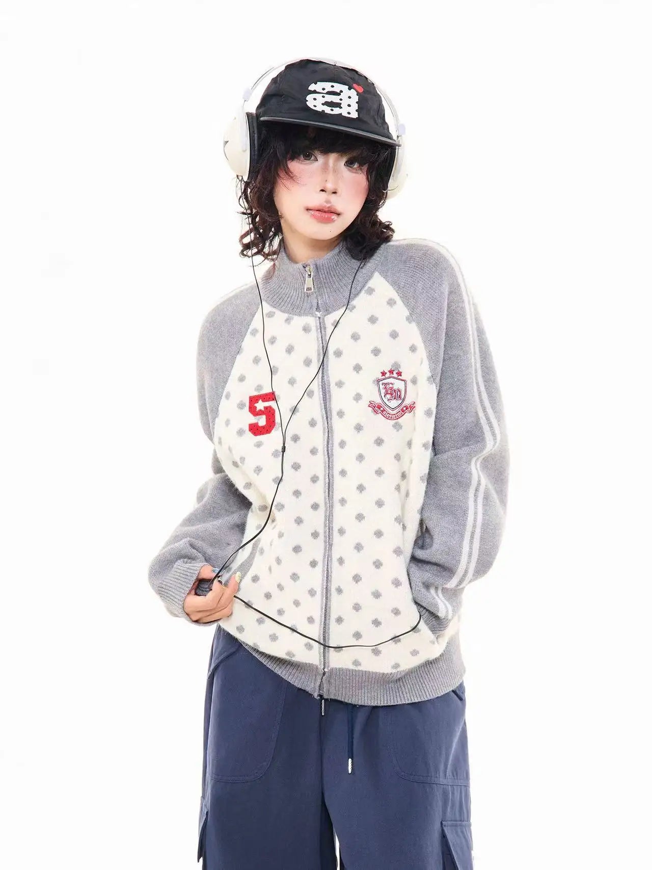 Polka Dot Appliqué Raglan Cardigan   OL2038