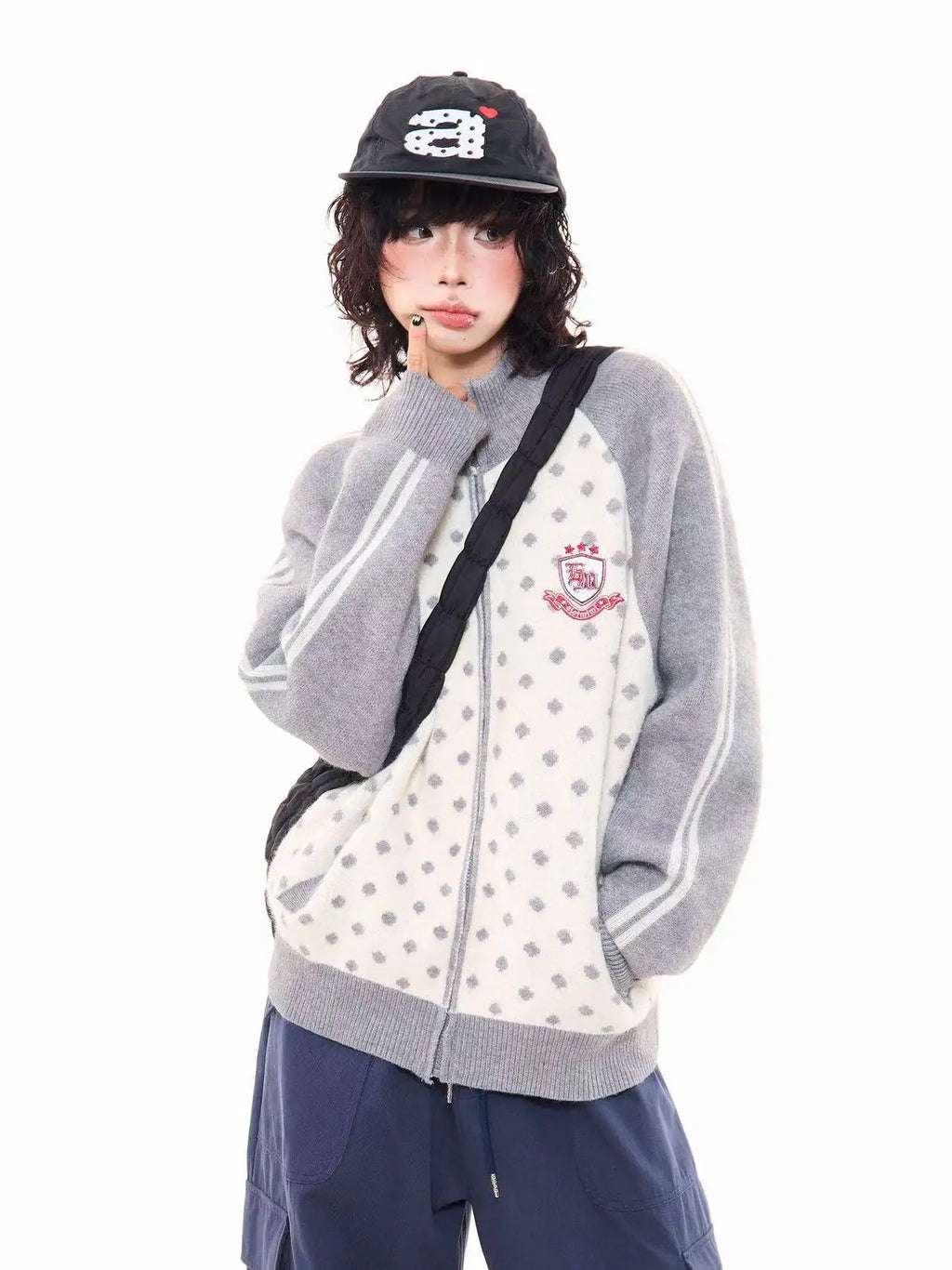 Polka Dot Appliqué Raglan Cardigan   OL2038