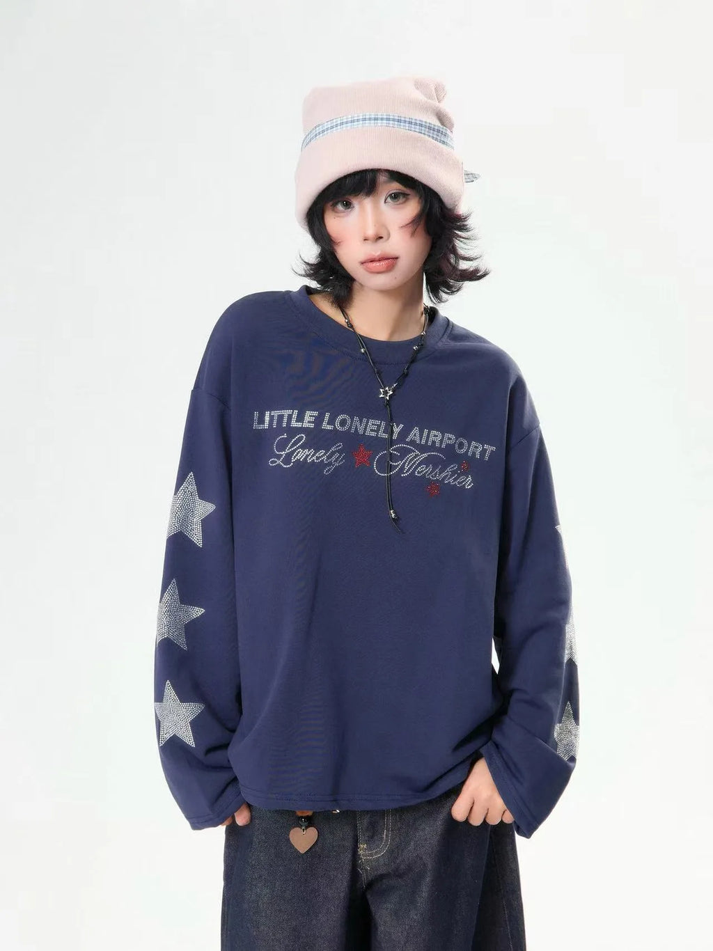 Rhinestone Star Letter Long Sleeve Tee   OL2039