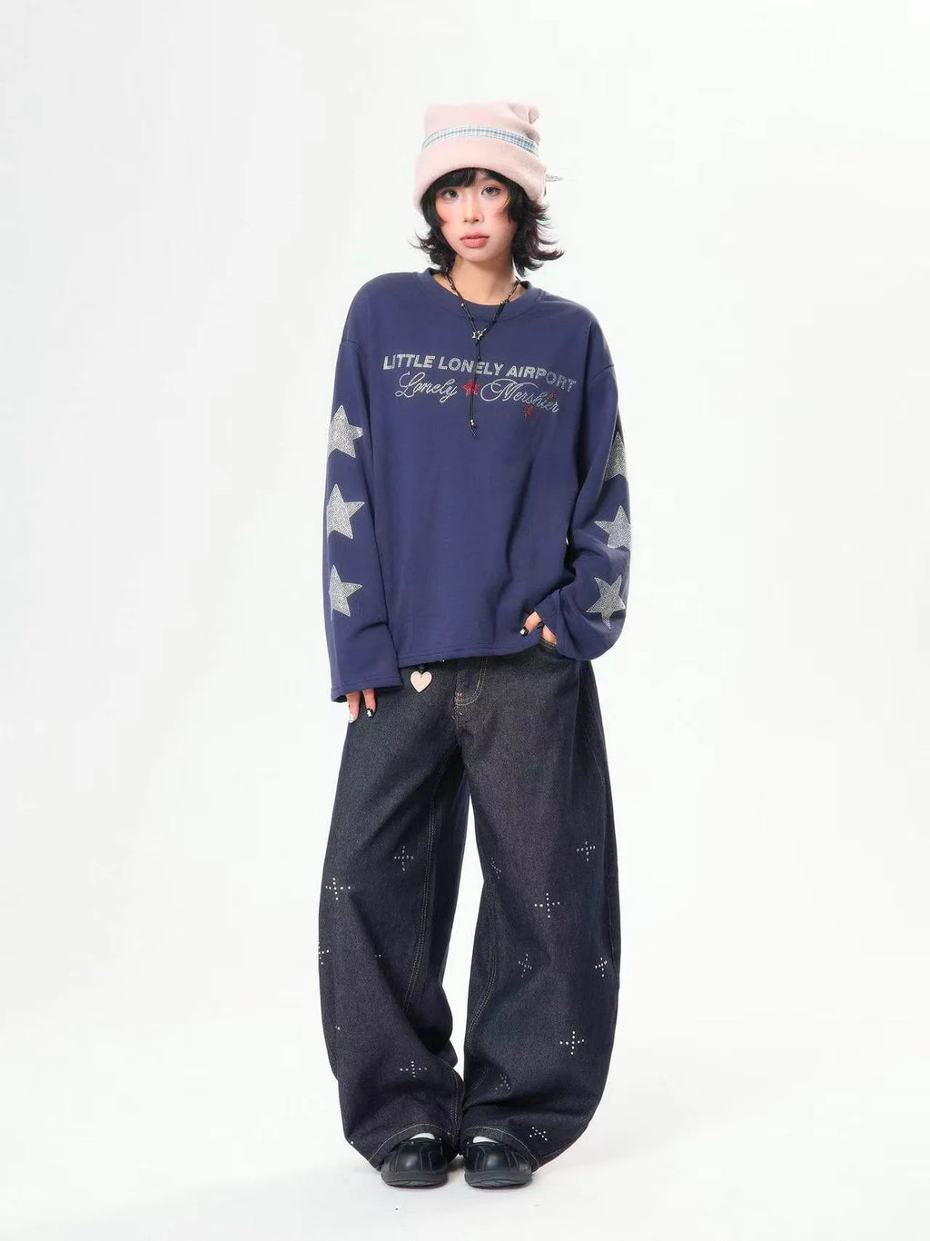 Rhinestone Star Letter Long Sleeve Tee   OL2039