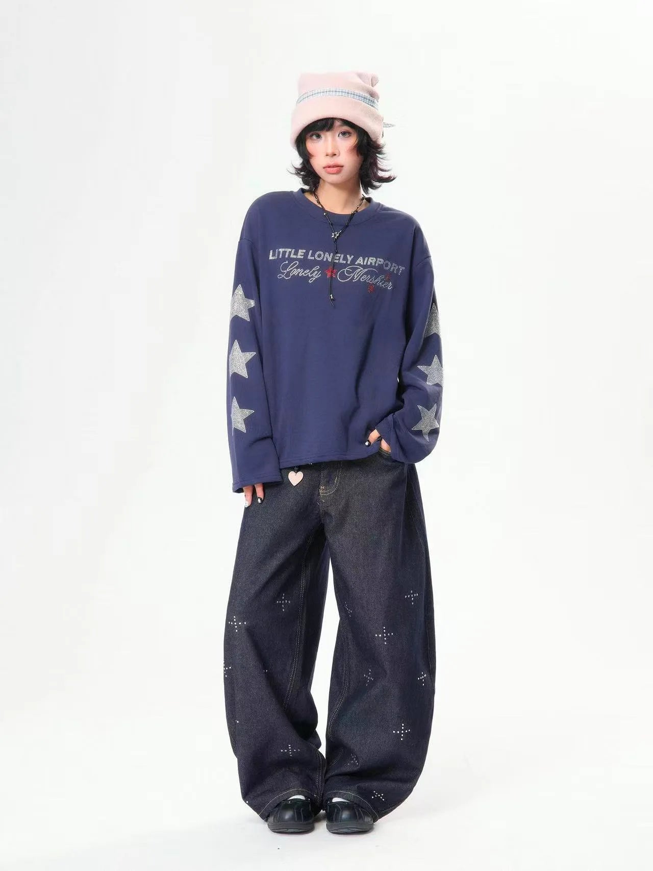 Rhinestone Star Letter Long Sleeve Tee   OL2039