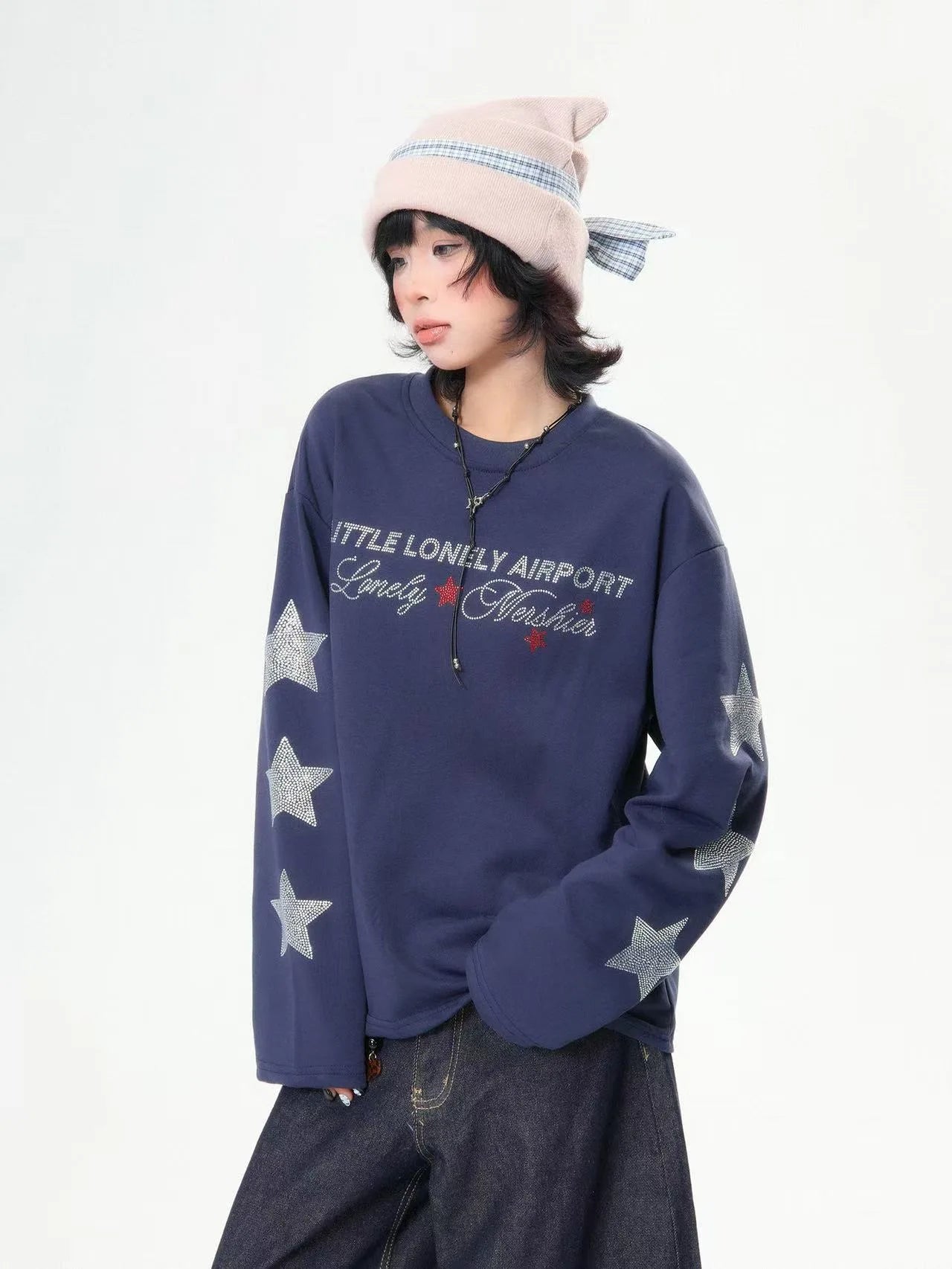 Rhinestone Star Letter Long Sleeve Tee   OL2039