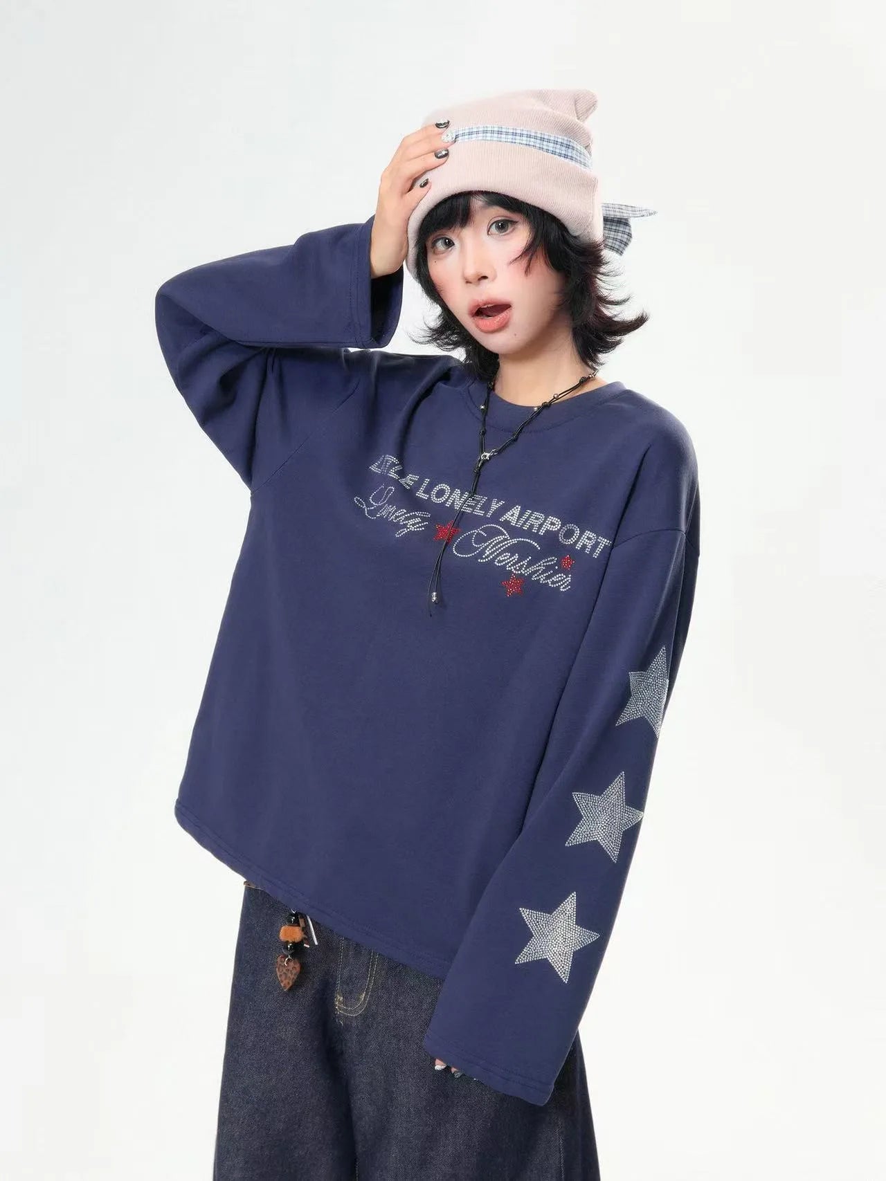 Rhinestone Star Letter Long Sleeve Tee   OL2039