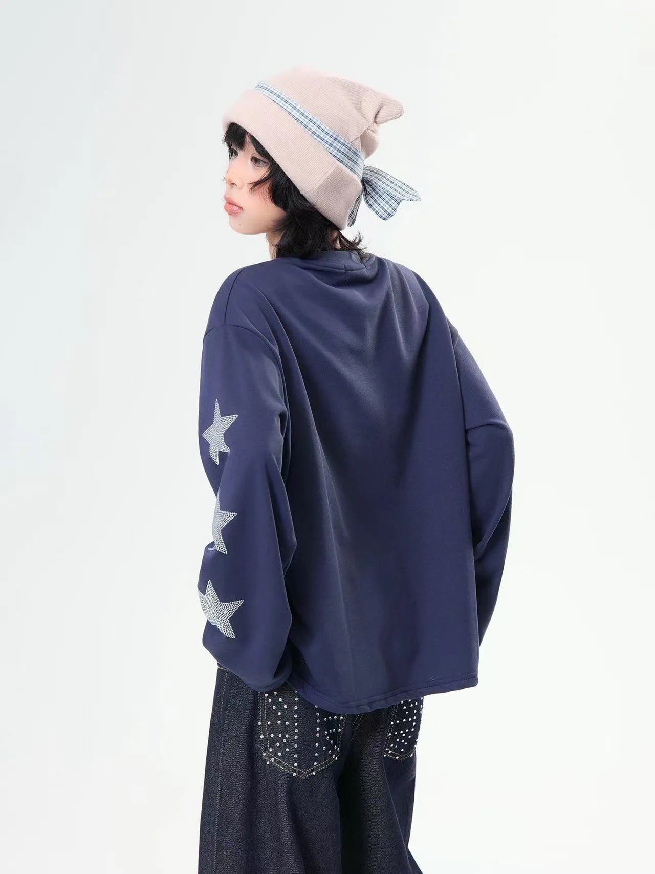 Rhinestone Star Letter Long Sleeve Tee   OL2039