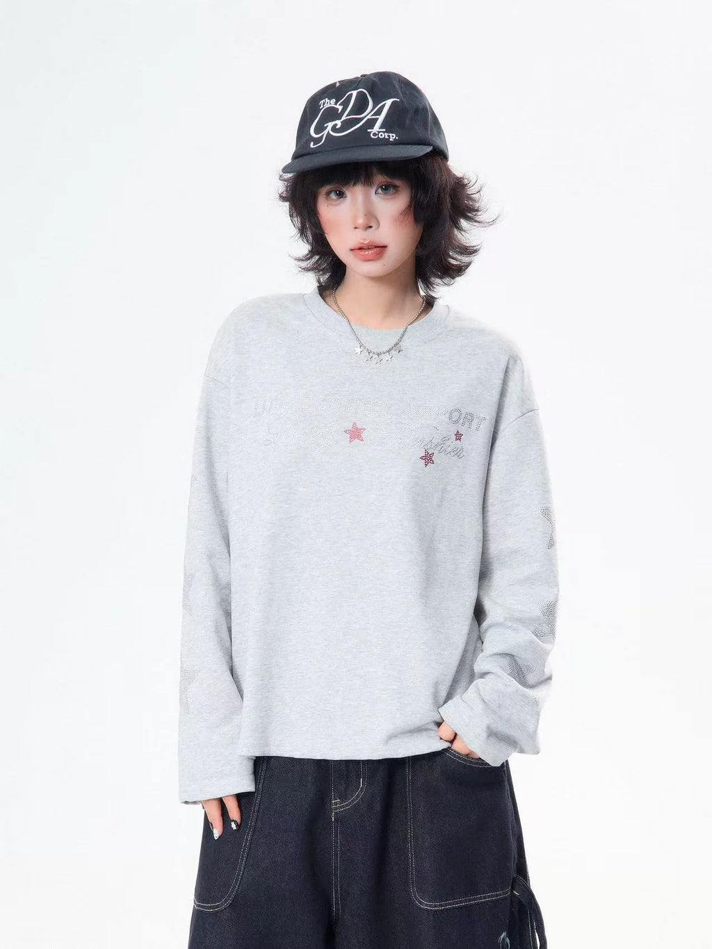 Rhinestone Star Letter Long Sleeve Tee   OL2039