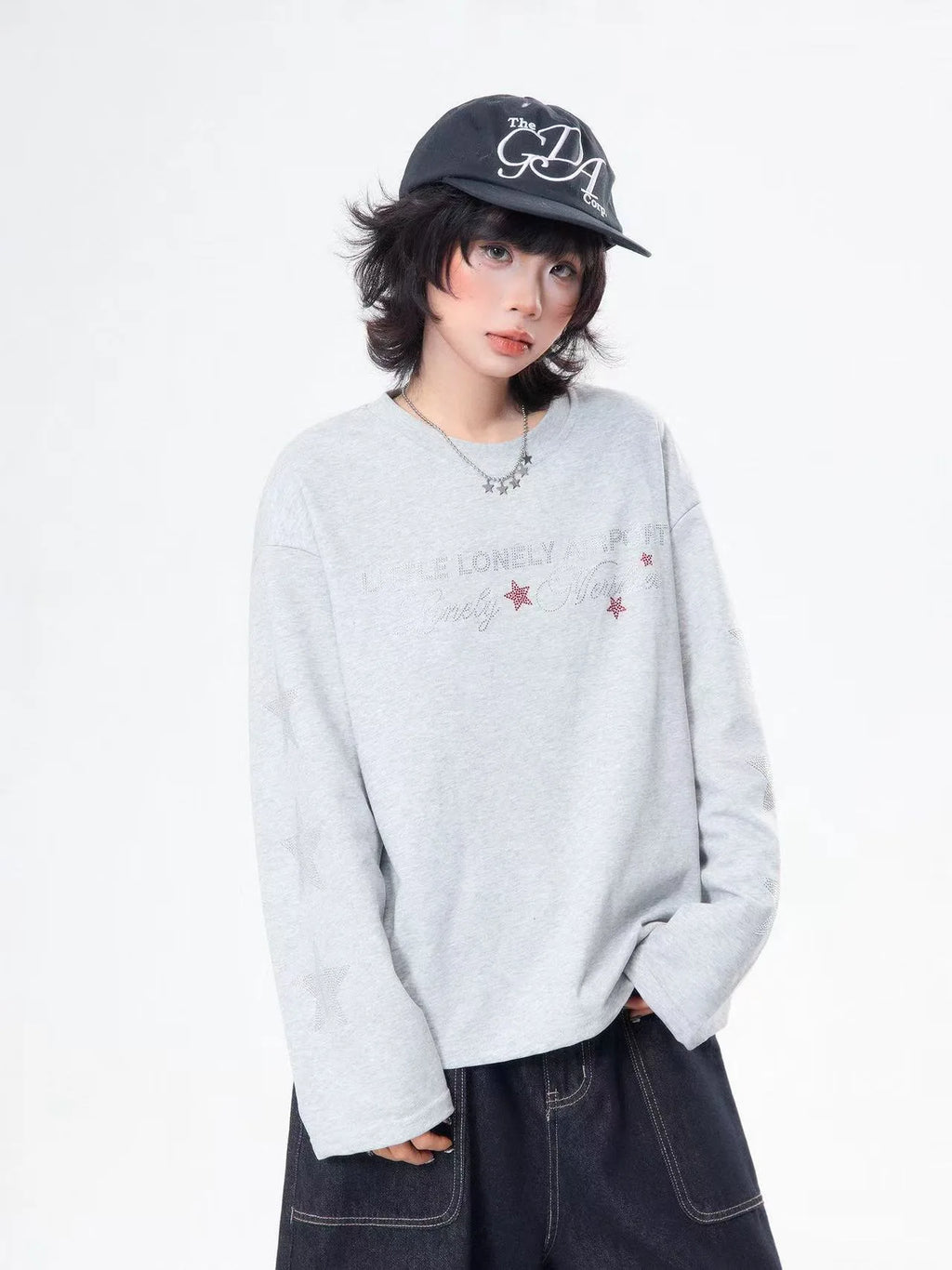 Rhinestone Star Letter Long Sleeve Tee   OL2039