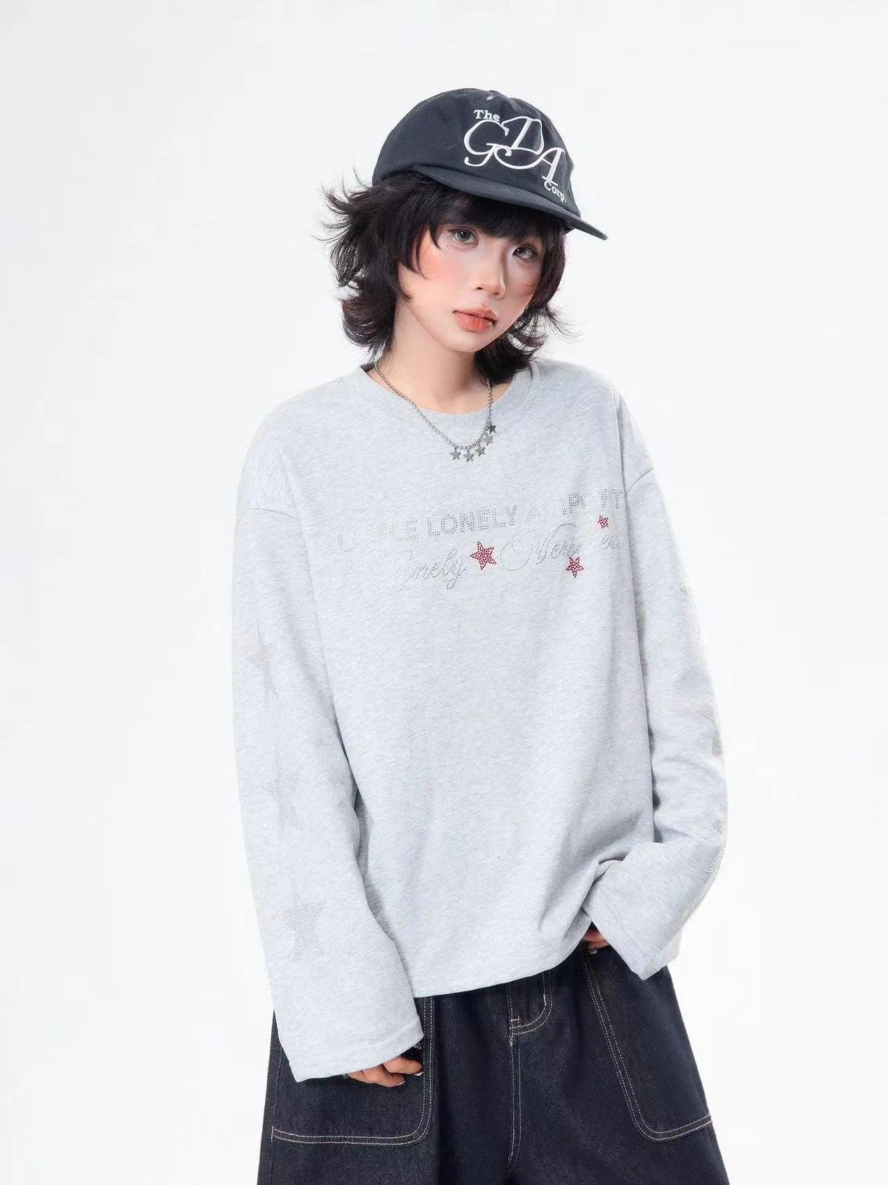 Rhinestone Star Letter Long Sleeve Tee   OL2039