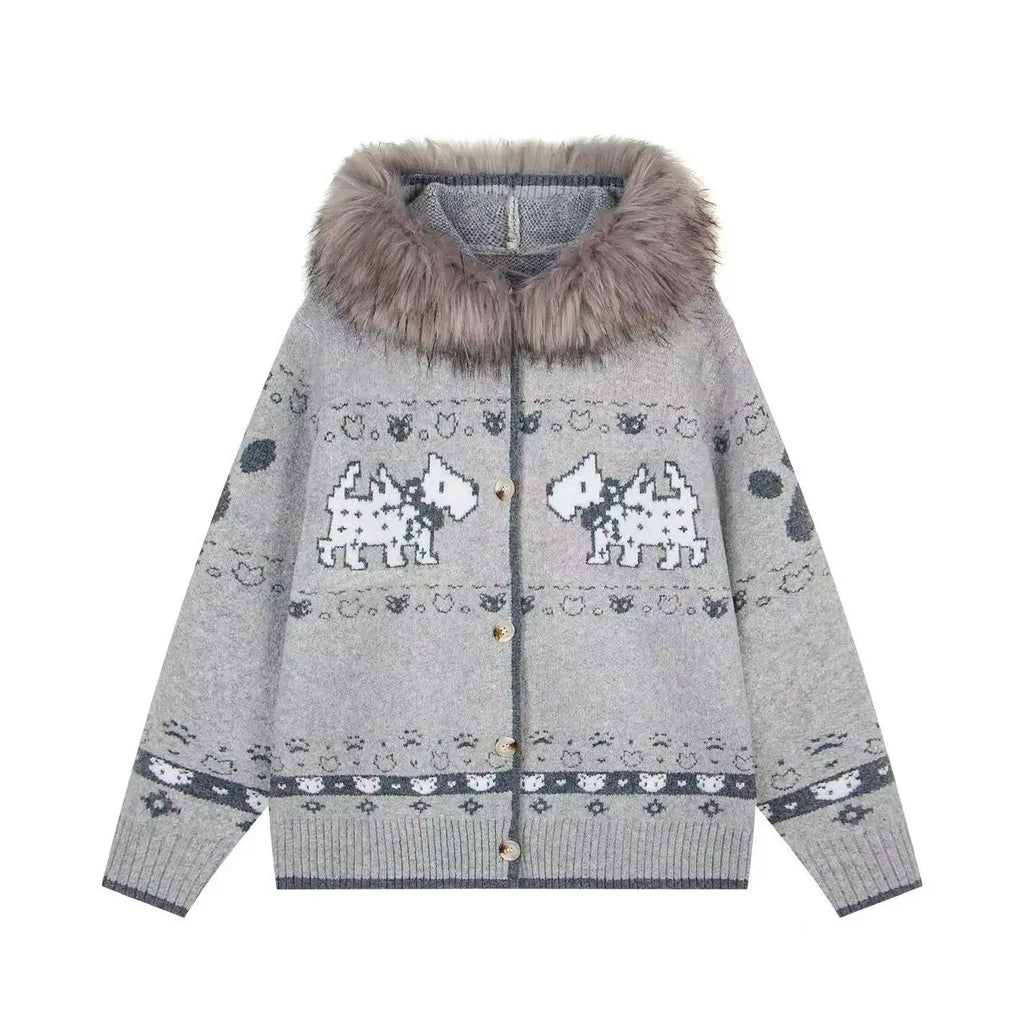 Dog Jacquard Hooded Cardigan   OL2042