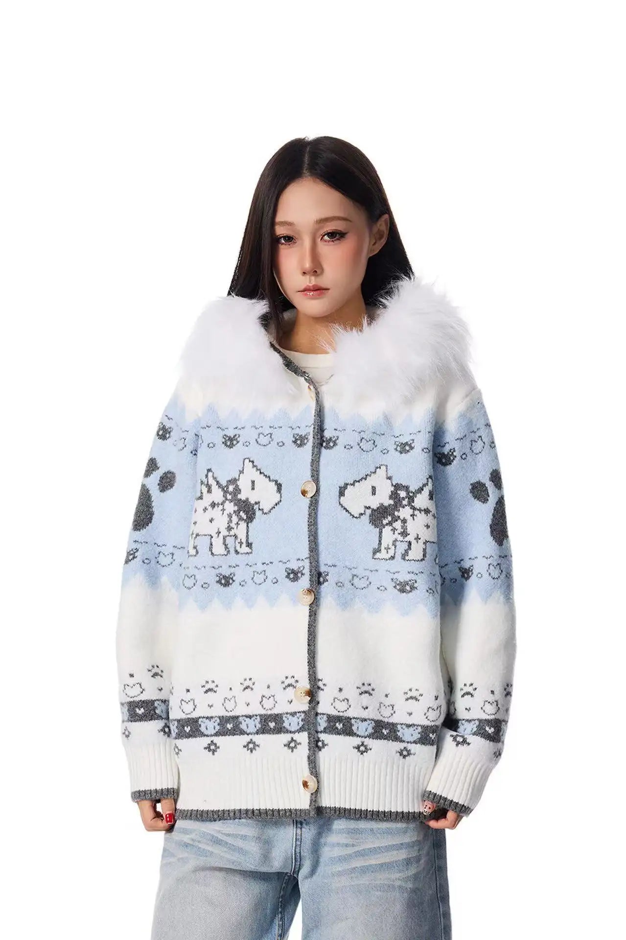 Dog Jacquard Hooded Cardigan   OL2042