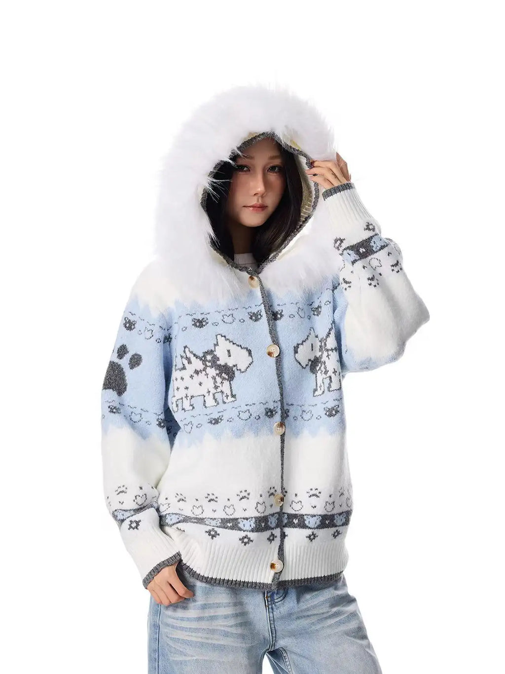 Dog Jacquard Hooded Cardigan   OL2042