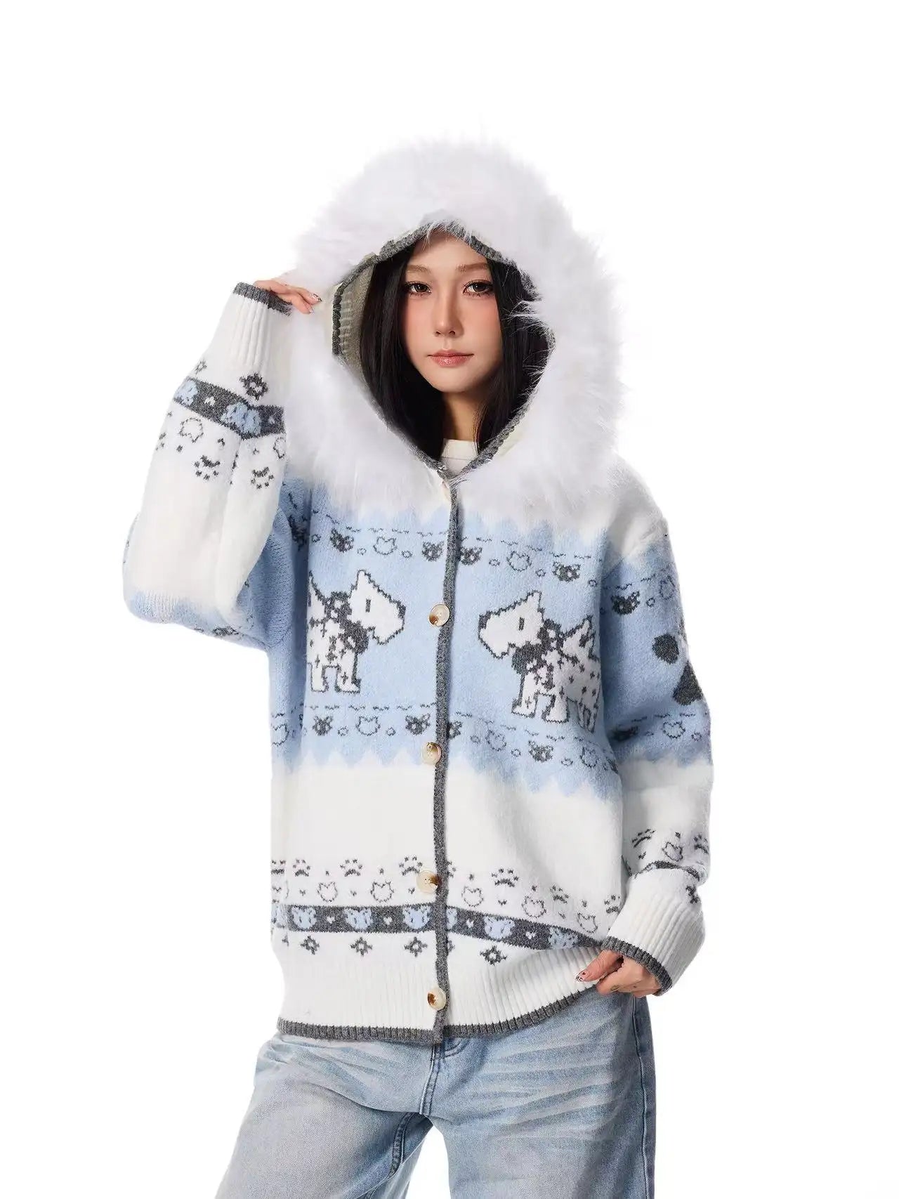 Dog Jacquard Hooded Cardigan   OL2042