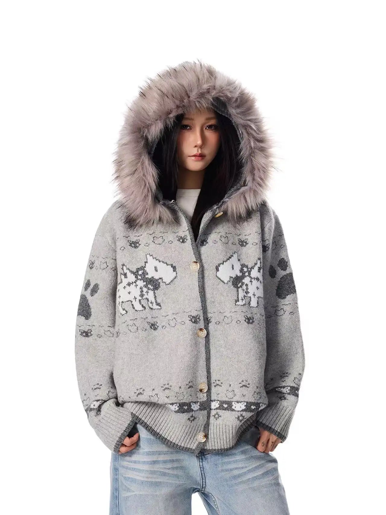 Dog Jacquard Hooded Cardigan   OL2042