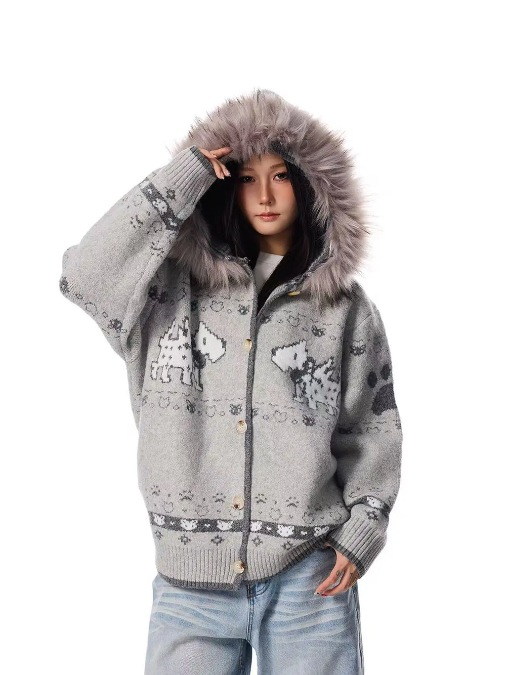 Dog Jacquard Hooded Cardigan   OL2042