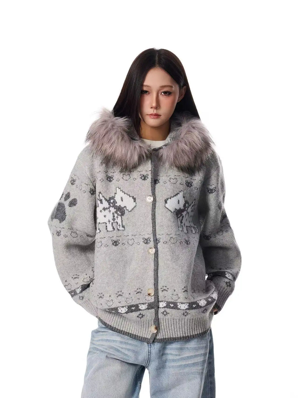 Dog Jacquard Hooded Cardigan   OL2042