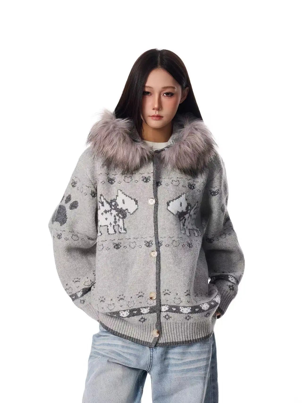 Dog Jacquard Hooded Cardigan   OL2042