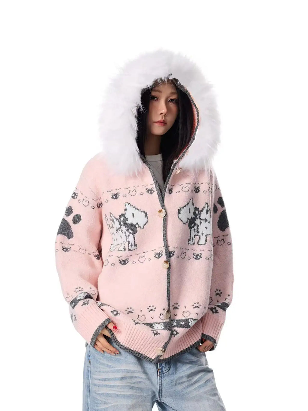 Dog Jacquard Hooded Cardigan   OL2042