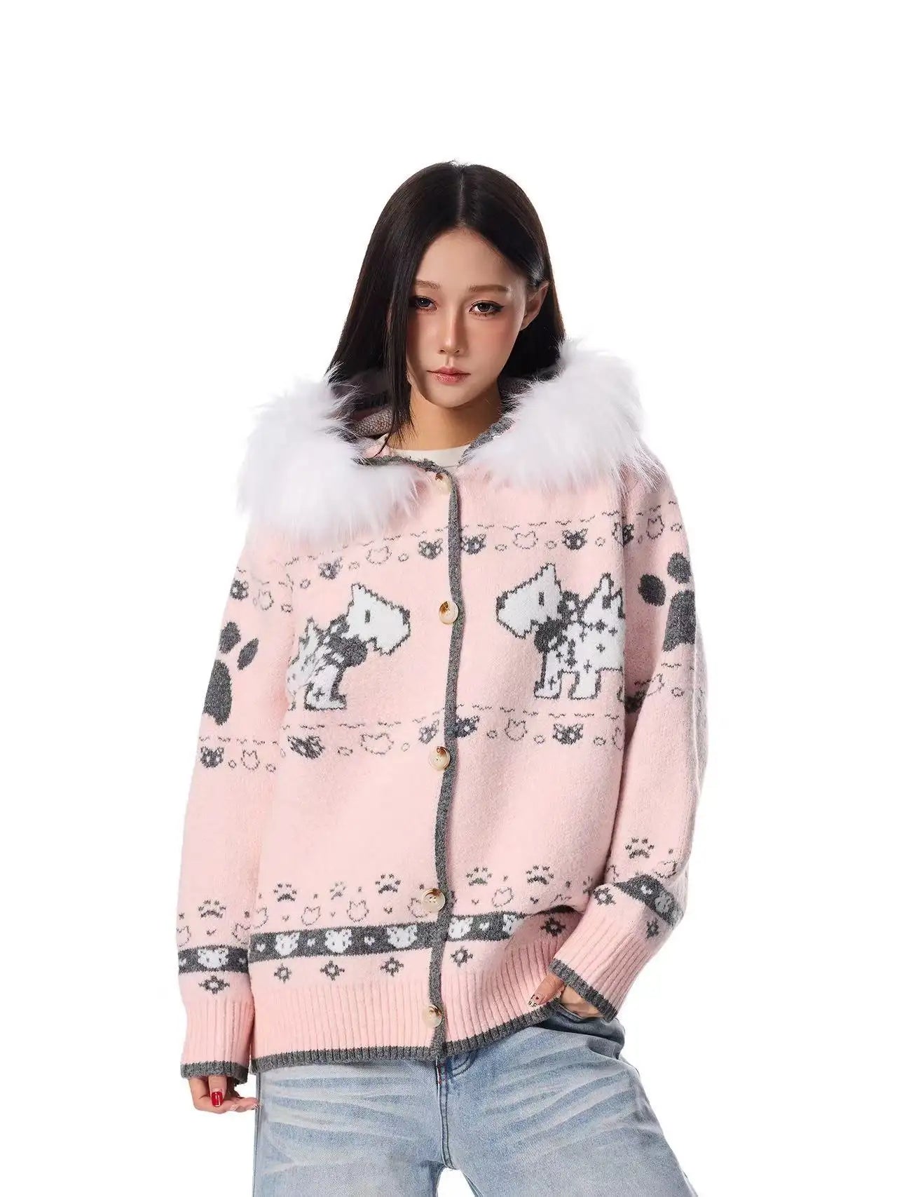 Dog Jacquard Hooded Cardigan   OL2042