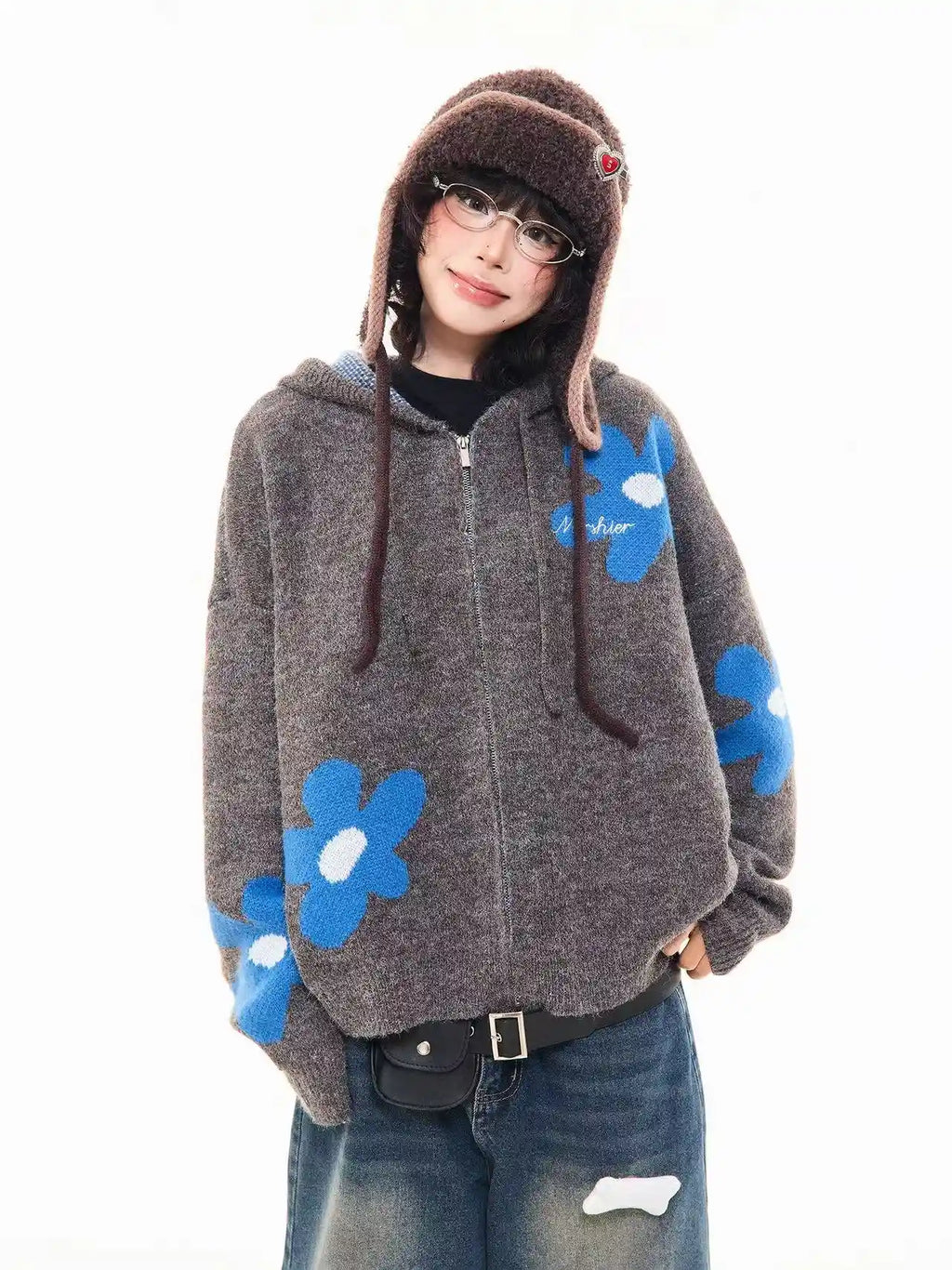 Floral Jacquard Hooded Knit Cardigan   OL2043