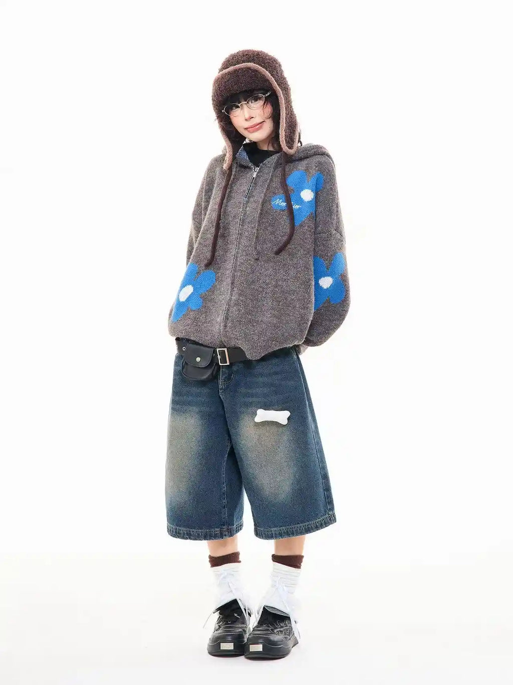 Floral Jacquard Hooded Knit Cardigan   OL2043