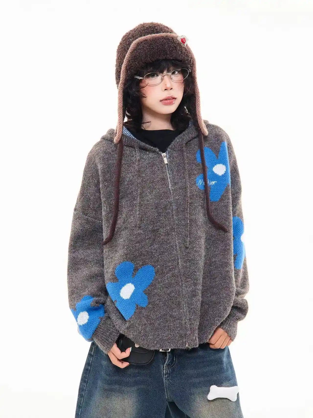 Floral Jacquard Hooded Knit Cardigan   OL2043