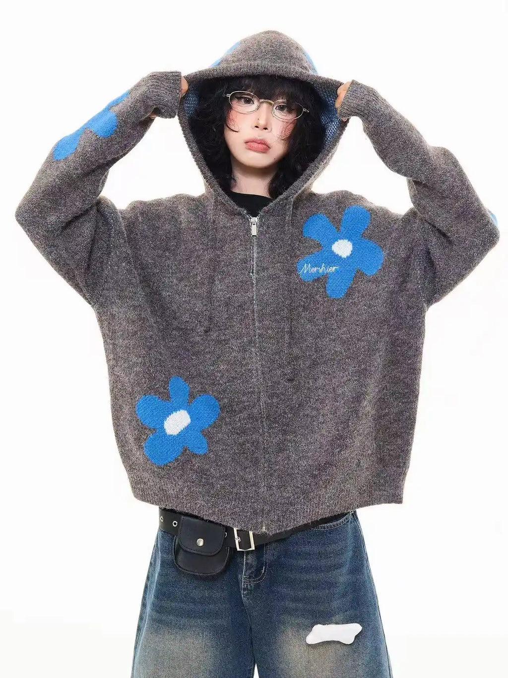 Floral Jacquard Hooded Knit Cardigan   OL2043