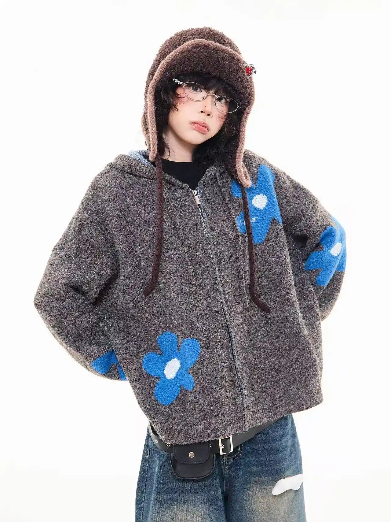 Floral Jacquard Hooded Knit Cardigan   OL2043