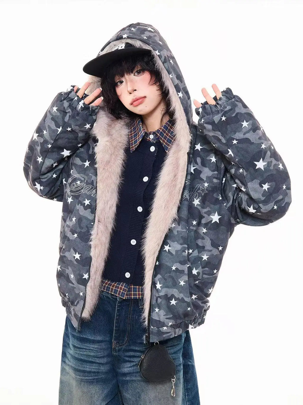 Rhinestone Star Camo Hooded Padded Jacket   OL2045