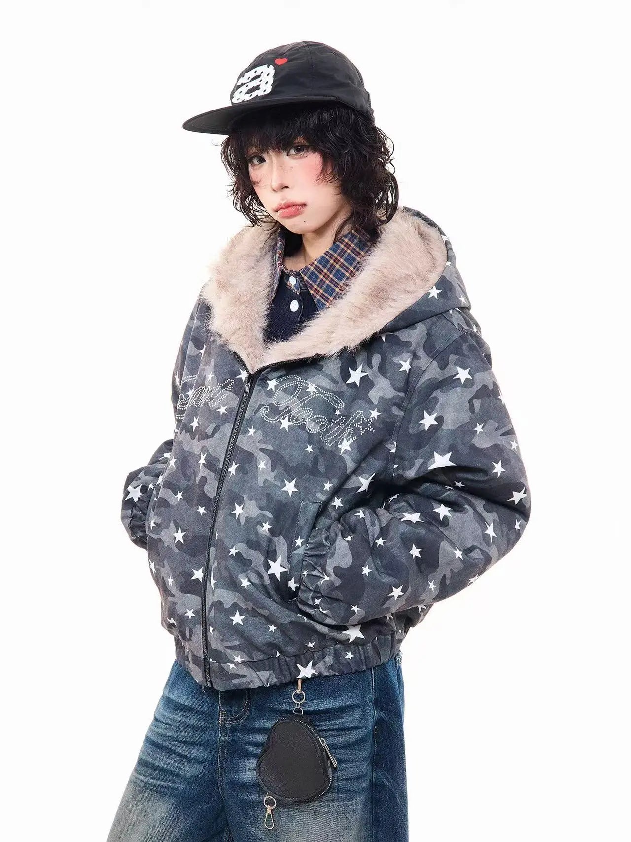Rhinestone Star Camo Hooded Padded Jacket   OL2045