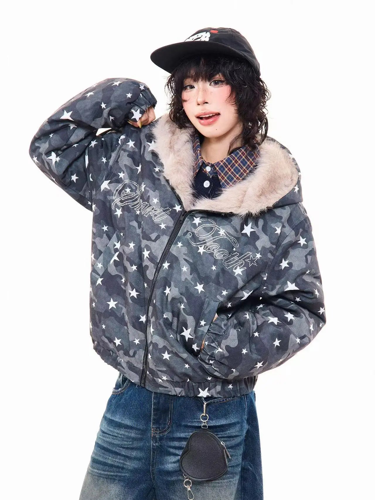 Rhinestone Star Camo Hooded Padded Jacket   OL2045