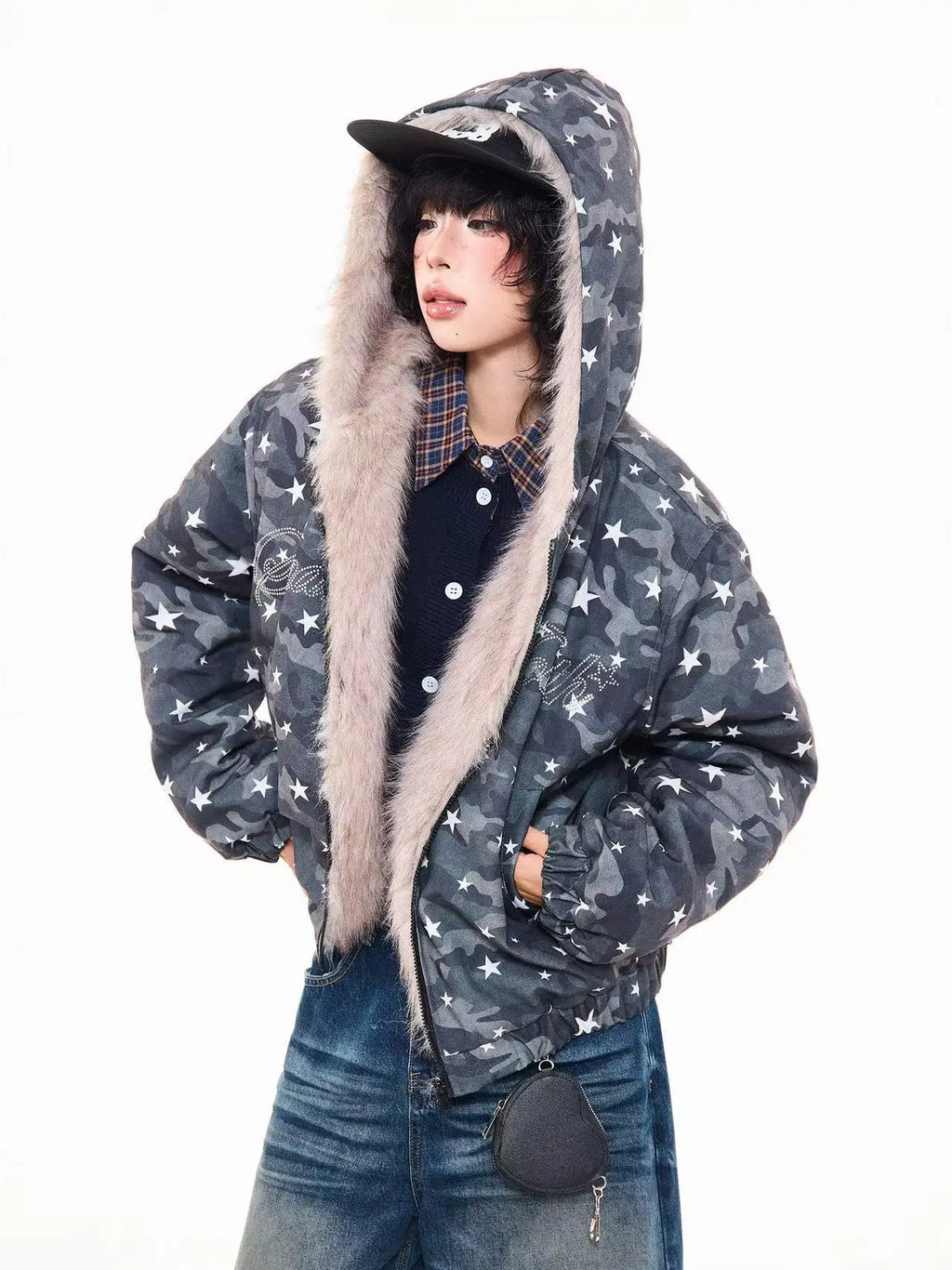 Rhinestone Star Camo Hooded Padded Jacket   OL2045
