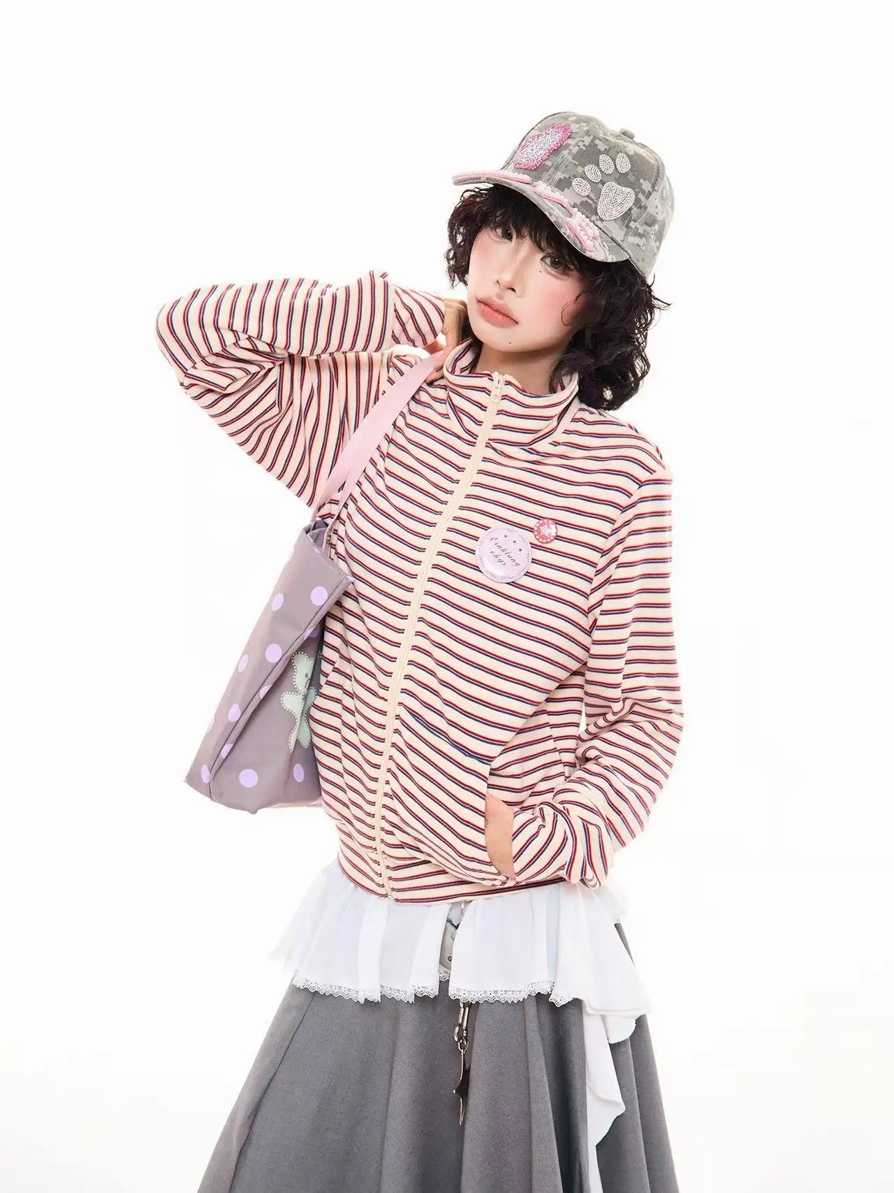 Badge Stripe High Neck Zip Sweatshirt   OL2046