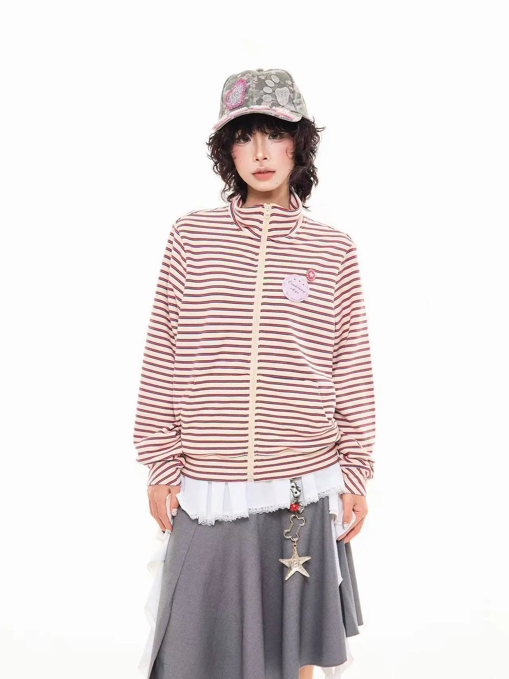 Badge Stripe High Neck Zip Sweatshirt   OL2046
