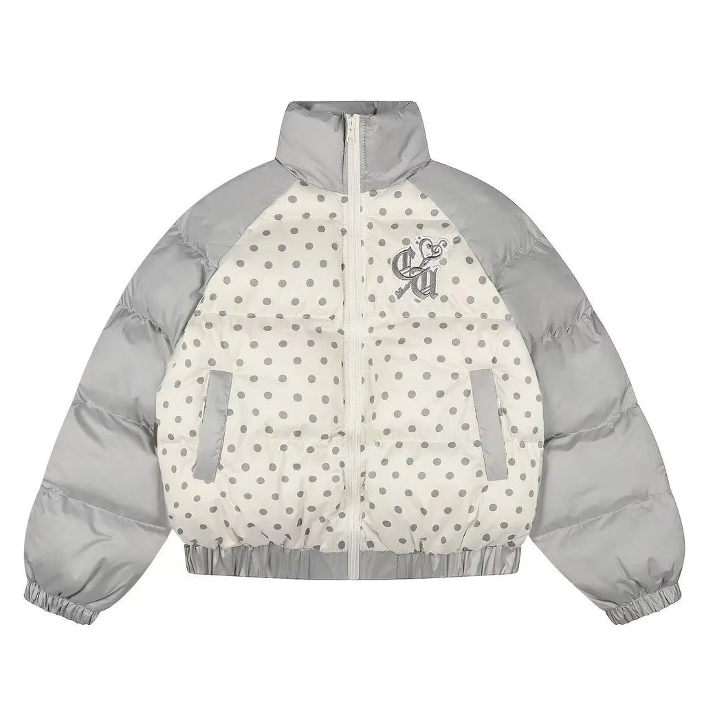 Vintage Embroidered Polka Dot Stand Collar Padded Jacket   OL2053