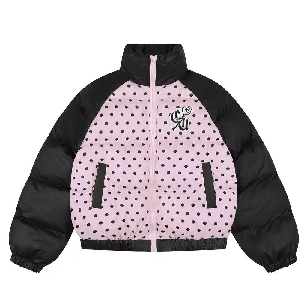 Vintage Embroidered Polka Dot Stand Collar Padded Jacket   OL2053