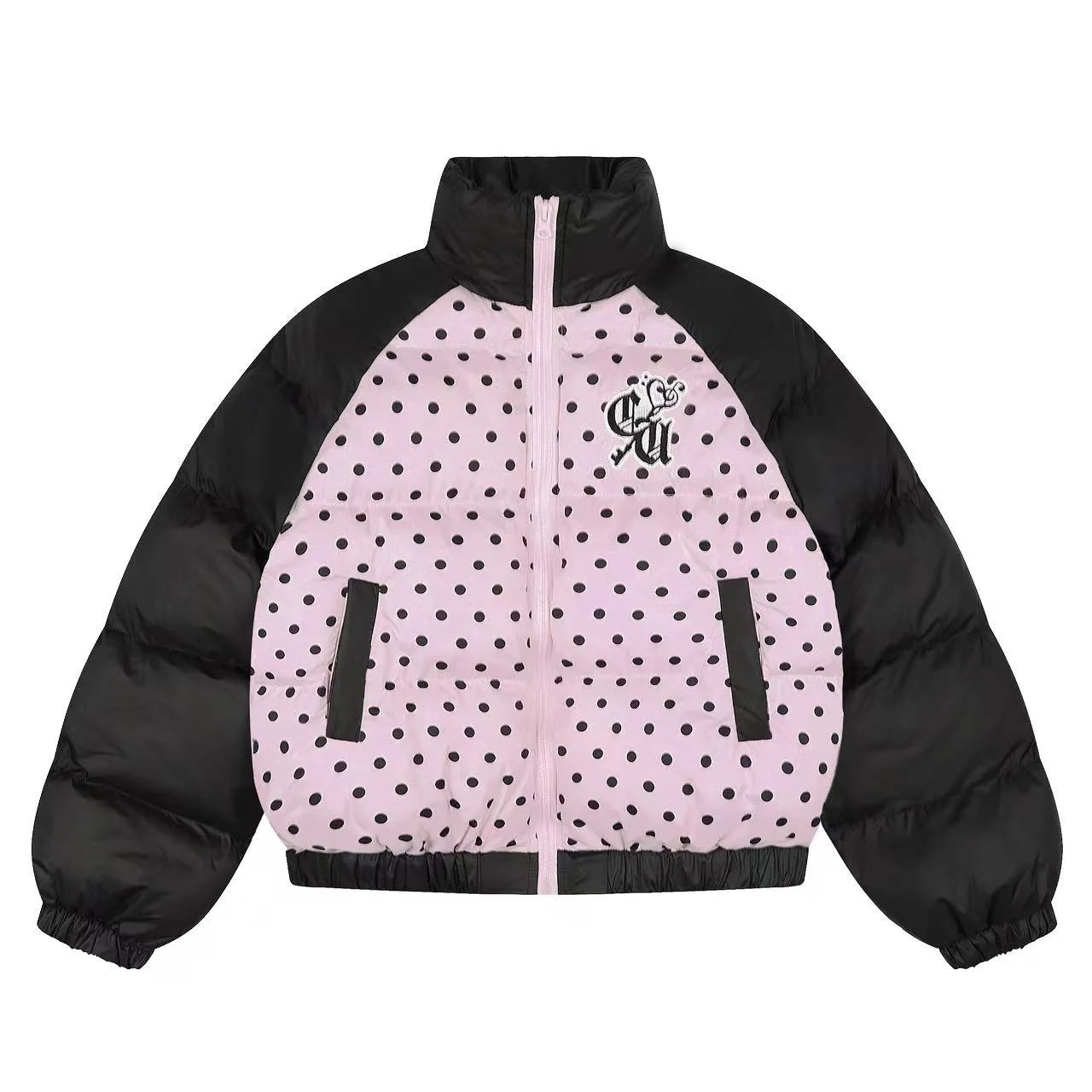 Vintage Embroidered Polka Dot Stand Collar Padded Jacket   OL2053